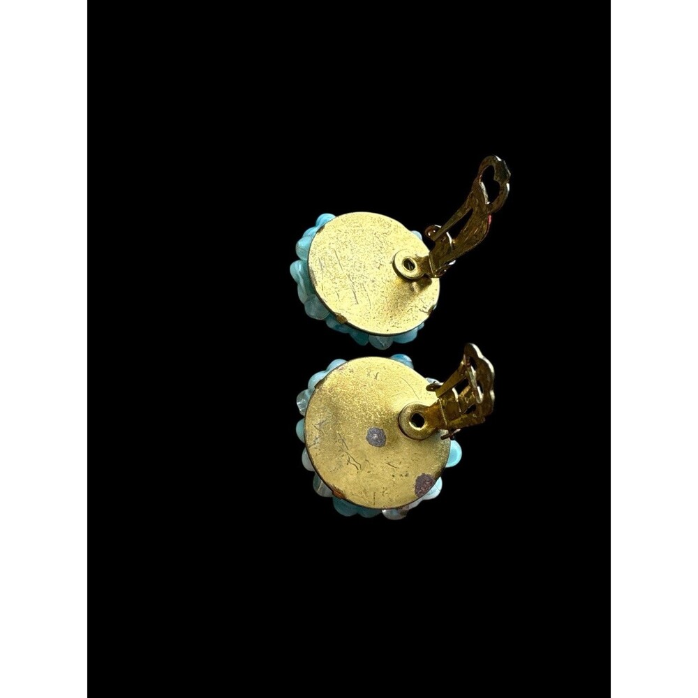 Vintage Germany Blue Glass Flower Cluster Clip On Earrings Mid Century - Picture 3 of 7